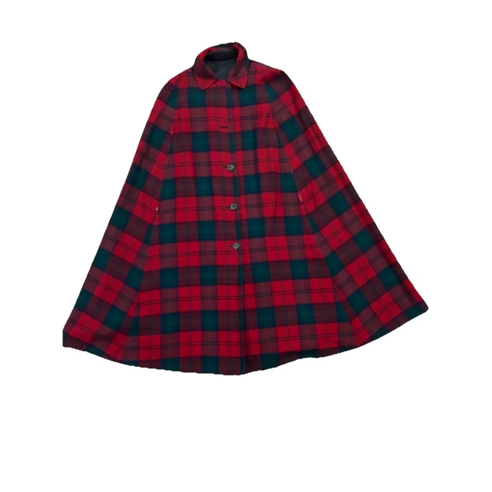 Burberry 1960s Reversible Trench Gabardine & Wool Plaid Cape Coat Red Navy OSFA - Picture 5 of 14